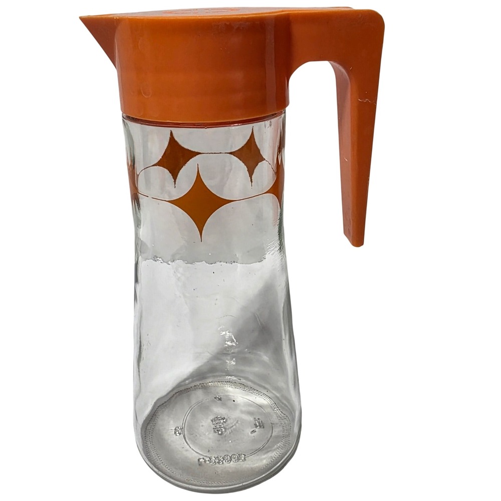Vintage Anchor Hocking Orange Starburst Glass Juice Carafe Lid L-23002 9in